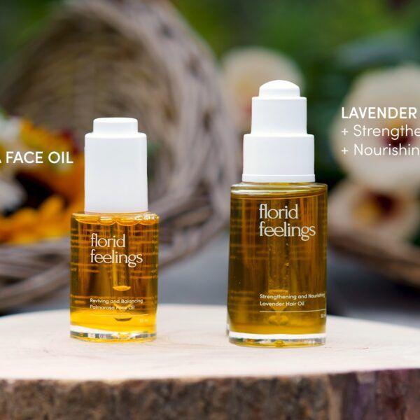 Florid Feelings Packshot Palmarosa face oil lavender hair oil